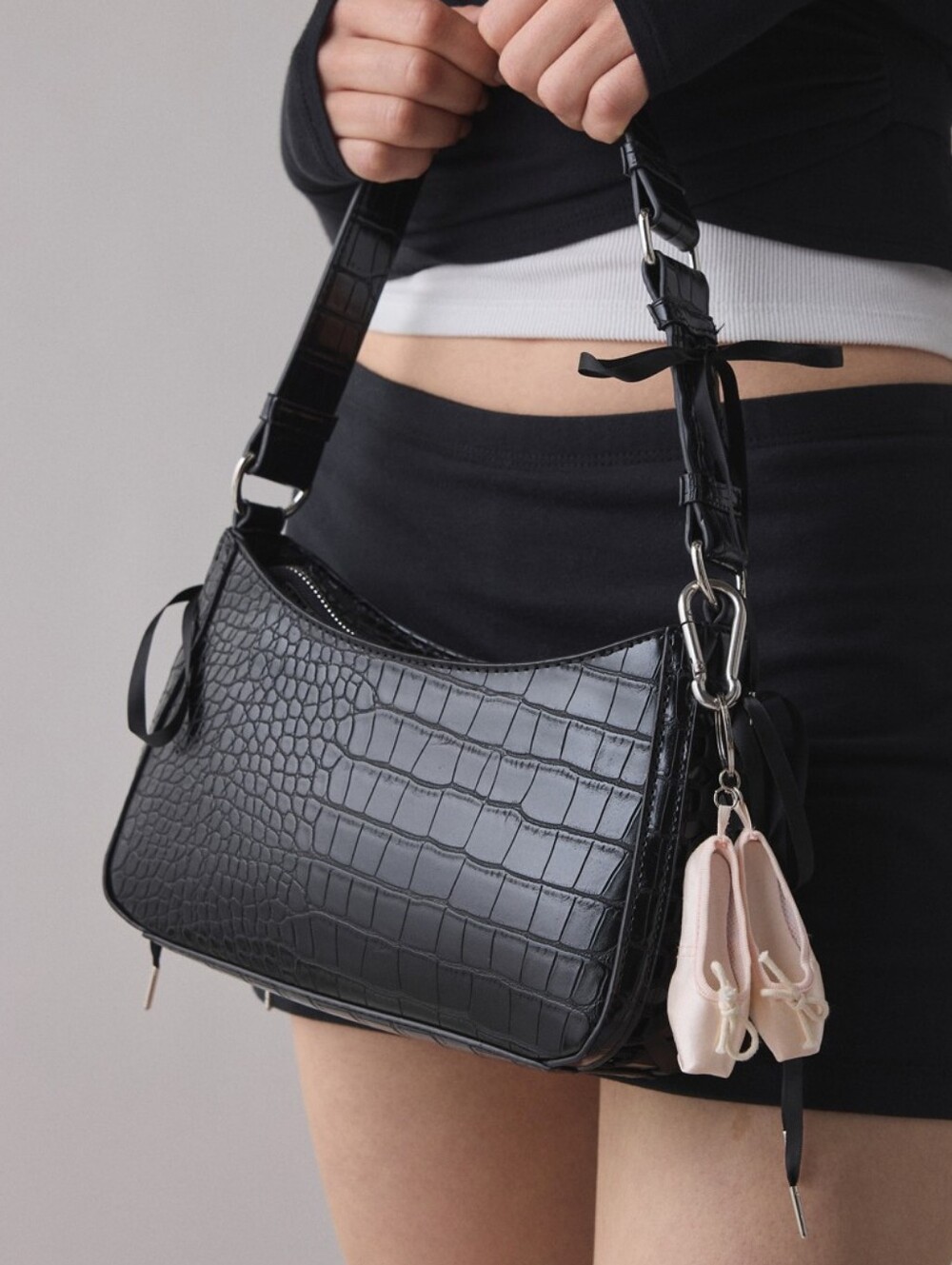 Black Croc-Embossed Laced Detail  Shoulder Bag Kimchi Blue Urban Outfitters NWT